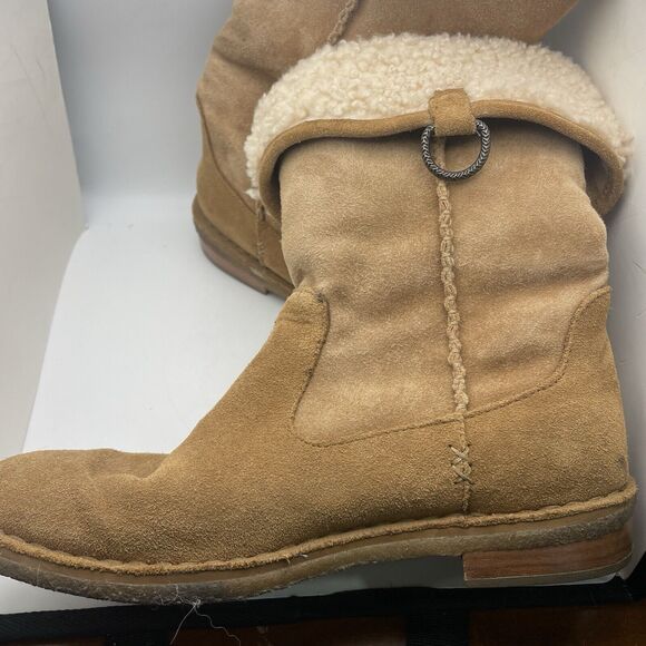 Ugg Daphne Fold Down Womens Tan Suede Shearling Boot Sz 7.5 Mid Calf Or Ankle - Picture 2 of 7